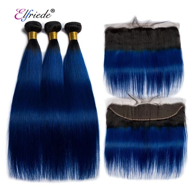 

#T 1B/Blue Straight Hair Bundles with Frontal Ombre Brazilian Remy Human Hair Weaves with 13"x4" Lace Frontal JCXT-427