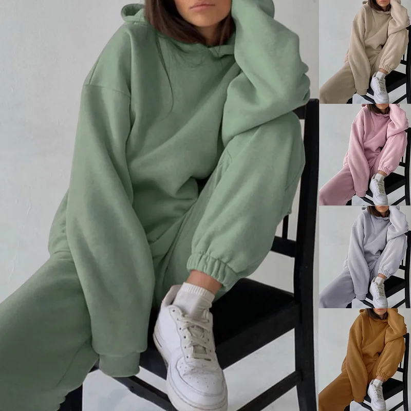 

Women Solid Color Two Pieces Set Long Sleeve Hoodies Loose Pants Women Homewear with Pocket Womens Two Piece Pajama Set, Picture shows