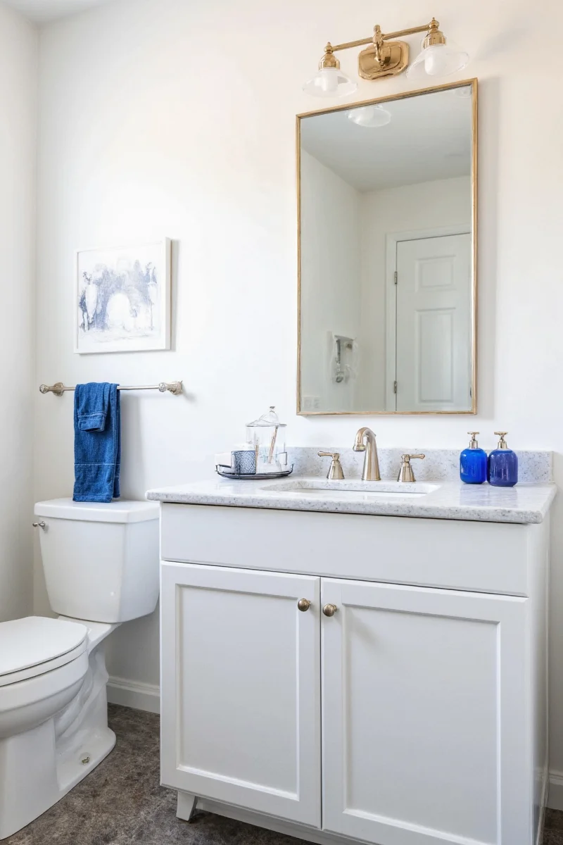 Teal tile trim adds a coastal touch to a bathroom