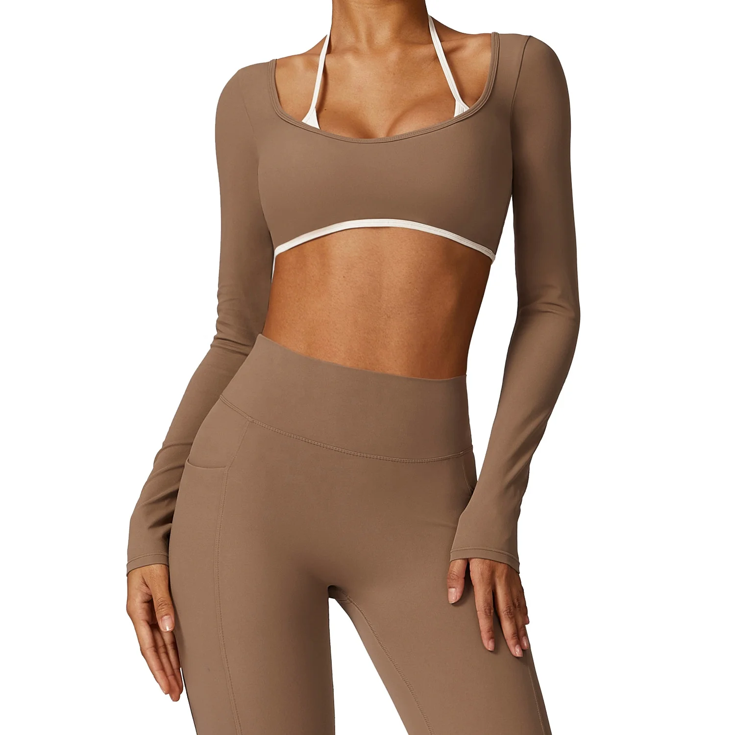 Women's Elastic Long Sleeve Yoga Legging and Tops Set Solid Pattern Quick Dry Size XL Spandex Material Cropped V Cut
