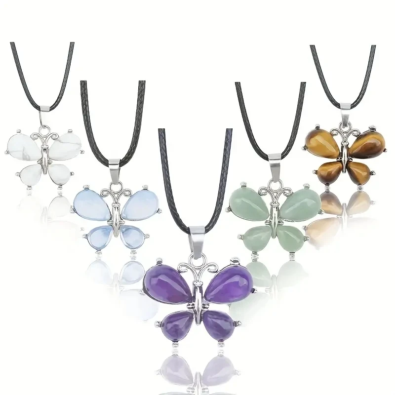 wholesale natural stone animal butterfly cute pendant necklace gemstone jewelry amethyst tiger eye crystal pendant