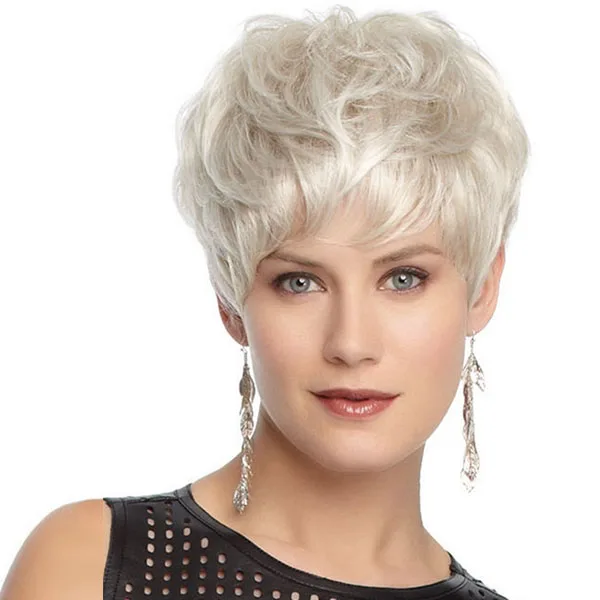 

Short Wig with Bangs Mixed White Wigs for White Women Wavy Synthetic Hair Wig with Highlights, Ombre