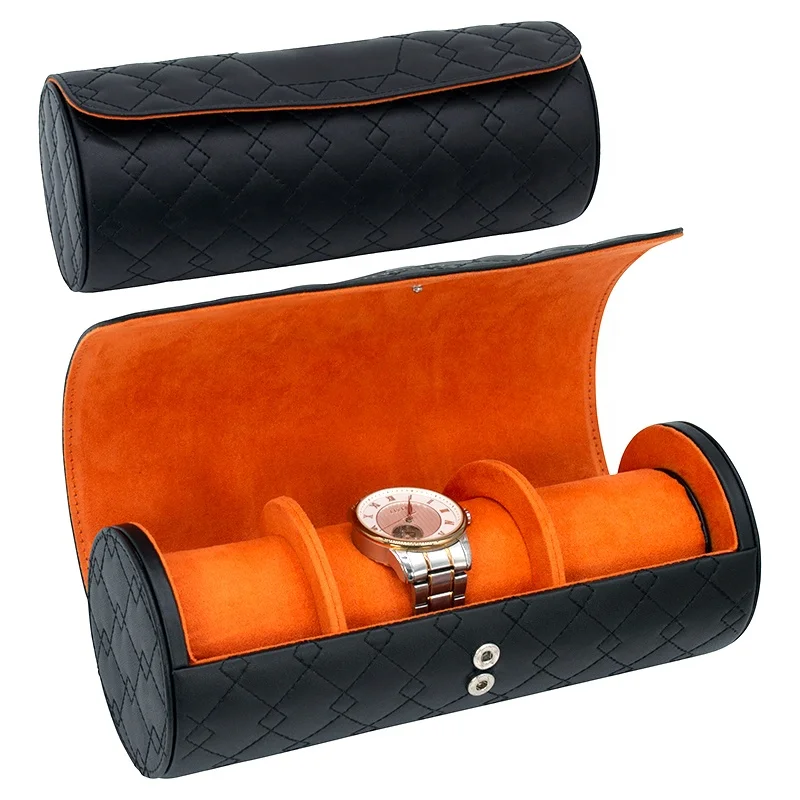 

Guangzhou Manufacturer Wholesale Luxury Leather Black Roll Travel Watch Organizer Box With 3 Watch Slots, Customized