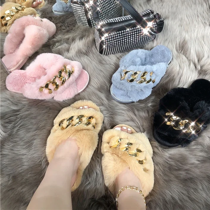 

Ladies Winter Fluffy Fur Warm Slippers Shoes Cross Strap Open Toe Light Weight Outdoor Shoes Women Anti Slip Comfort Slippers