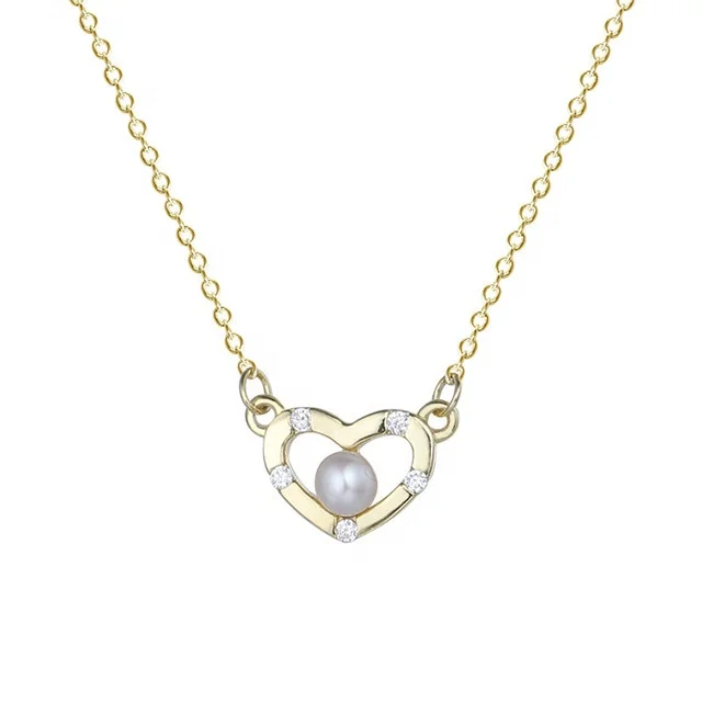 

CZ Stone Jewelry 925 Sterling Silver Hollow Out Heart Pearl Necklace, Gold