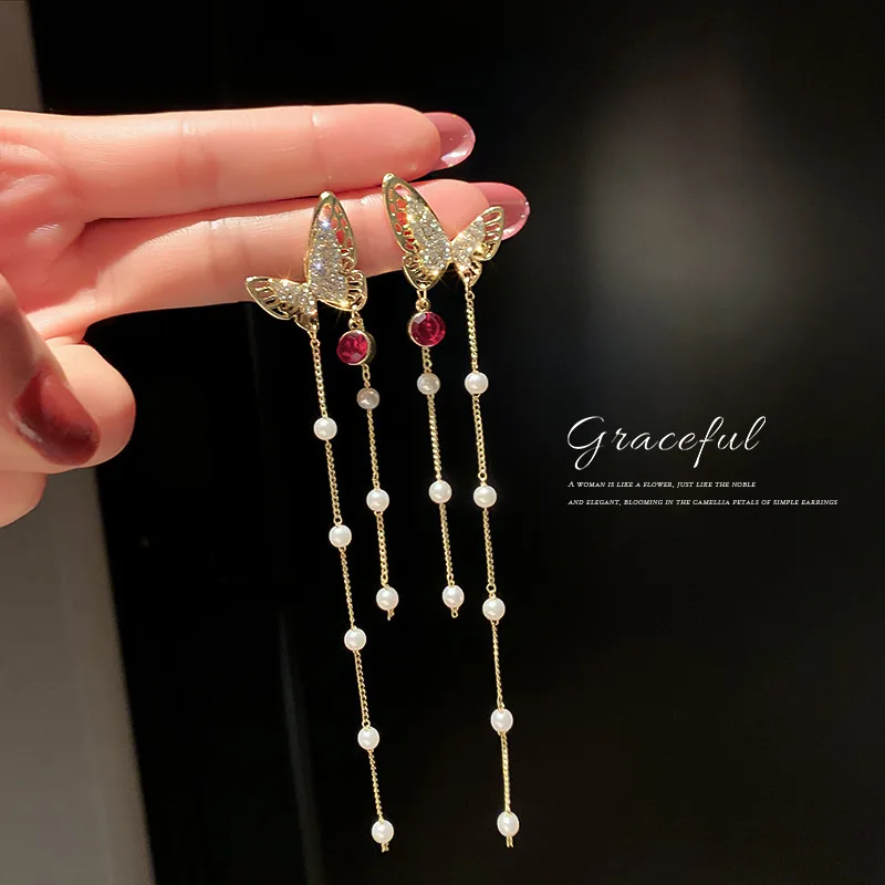 

new statement trendy crystal butterfly tassel earrings