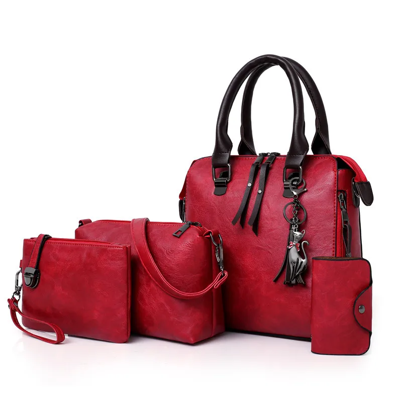 

2021 Hot selling Wholesale Classic Fashion women Shoulder Tote hand Bag pu Leather Ladies 4 in 1 Set Handbags, Red, grey, white, pink, brown