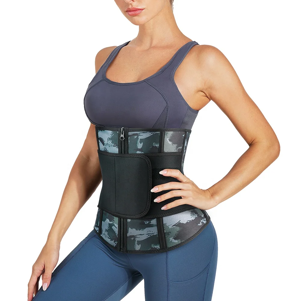 

Women custom logo neoprene 5 steel bone waist cincher corest no latex sweat shaper girdle waist trainer belt, Black, camouflage