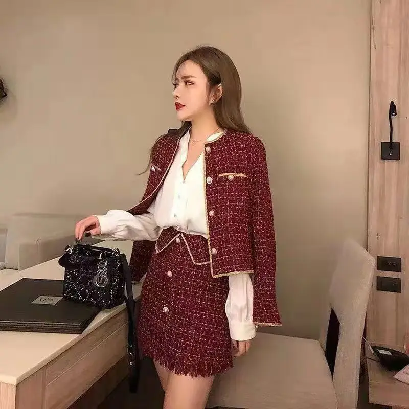 

Wholesale oem fashion wine red long sleeve cardigan coat with latest fashion slim short skirt two piece set women clothing, Picture color