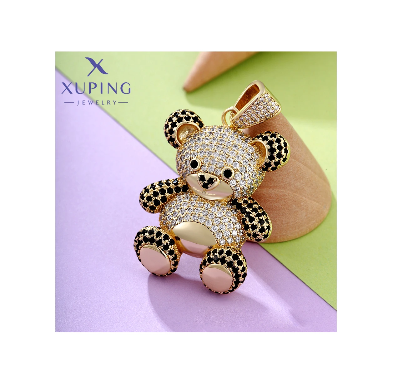 xupingHot new custom 14K gold-plated children adult CZ Cubic zirconia copper hip-hop three-dimensional bear charm  pendant