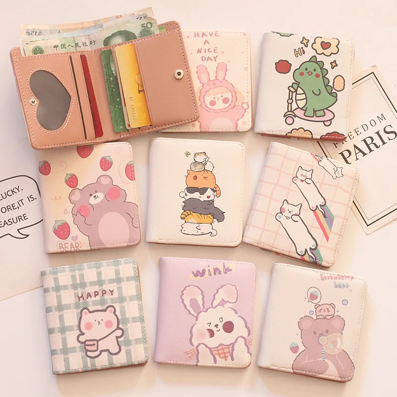 

Girls Mini Two Folds Purse Cute Lovely Rabbit Strawberry Bear Cat Dinosaur PU Leather Clips Cartoon Printing Wallet