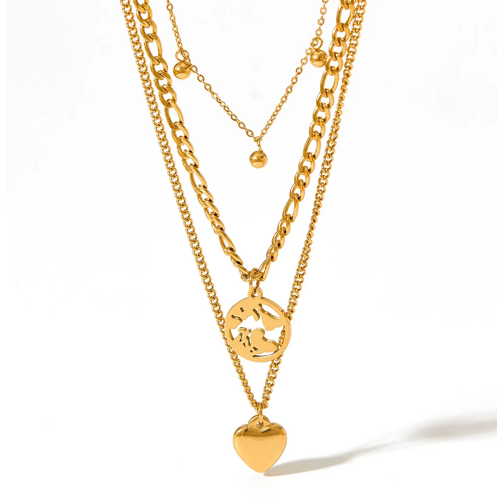 

18K Gold-plated Waterproof Stainless Steel Three-layer Hollow Map Heart Pendant Woman Necklace