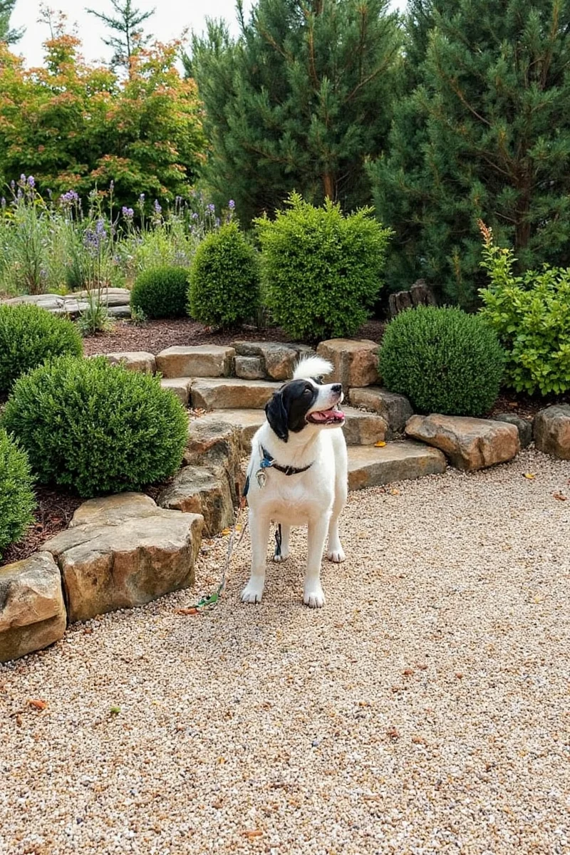 Curving gravel pathways leading to various yard destinations with decorative stepping stones