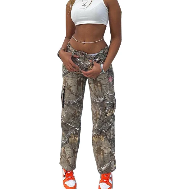 

Fashionable Fall Casual Ladies Overall Trouser With Side Pocket Leaves Camo Printed Mid Waist Baggy Long Women Cargo Pants