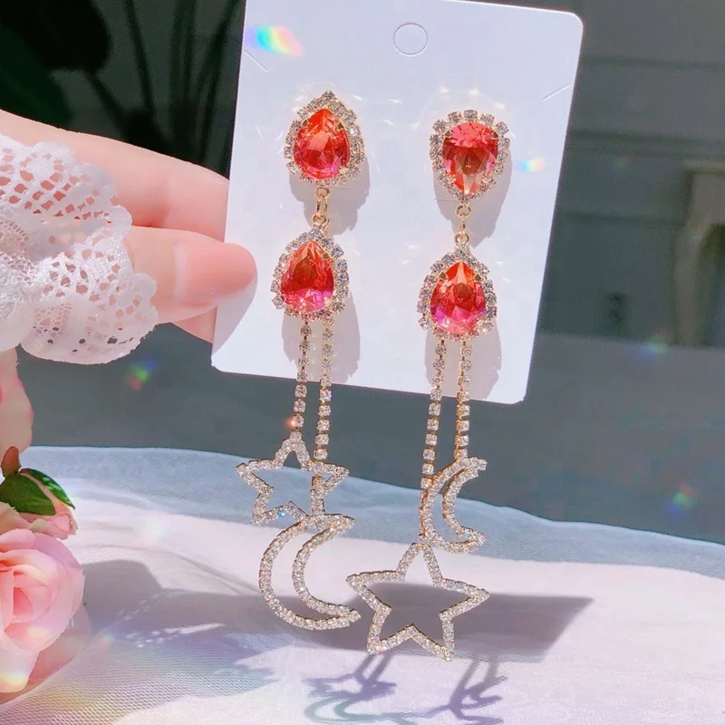 

Korean Elegant Moon Star Rhinestone Tassel Drop Earrings For Women Fashion Waterdrop Crystal Brinco Party Jewelry