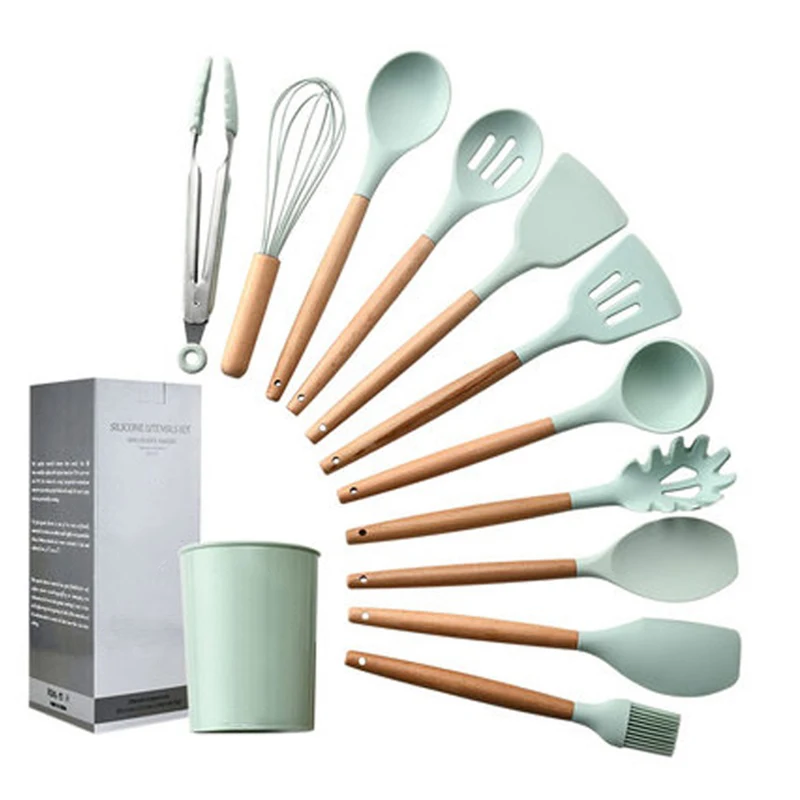 

Silicone Kitchenware Cooking Utensils Set Non-stick Cookware Spatula Shovel Egg Beaters Wooden Handle Kitchen Cooking Tool Sets, Customerized