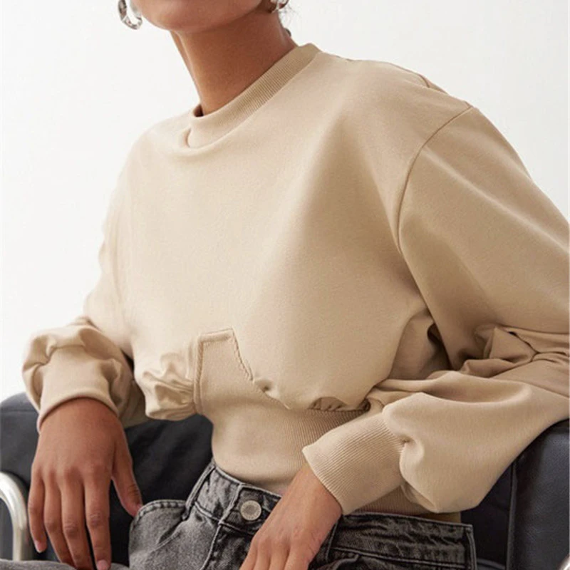 

O Neck Pure Cropped Hoodie Women Autumn Casual Hoodies Sweatshirt Long Sleeve Crop Top Short Pullover Sweatshirt, Customized color