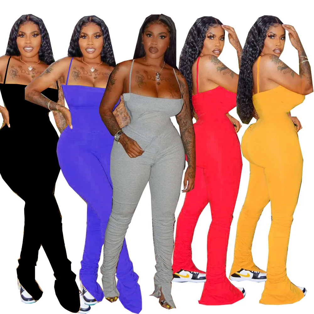 

2021 New Arrivals Fashion Plus Size Women Casual Spaghetti Sleeveless Vest Solid Pleated Flared Pants Stacked Leggings Jumpsuit, Picture show