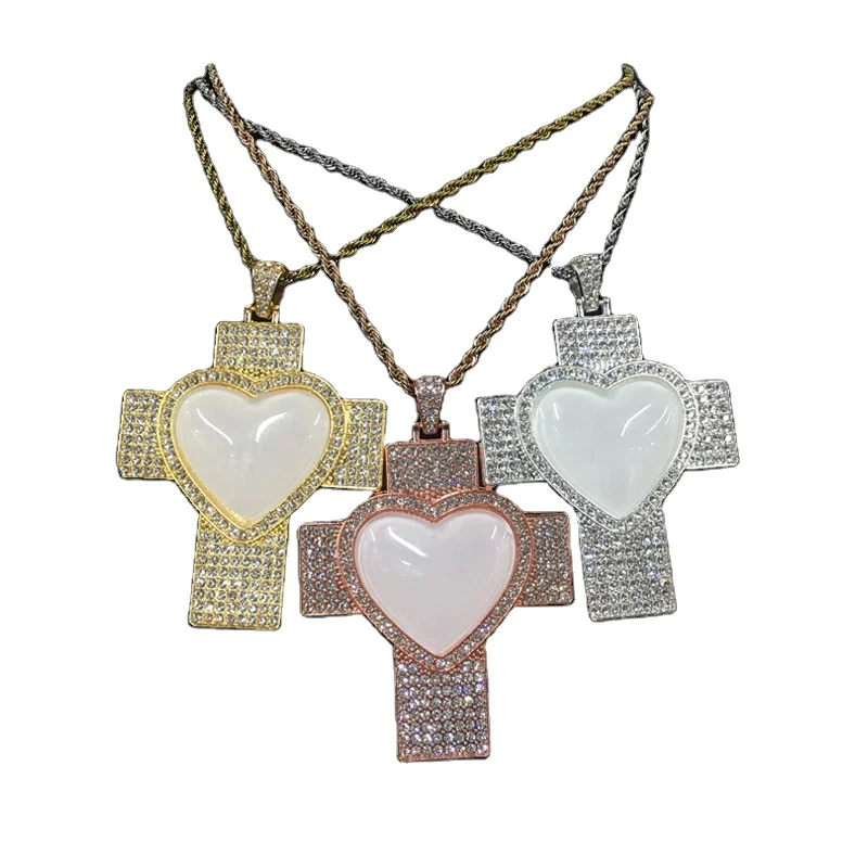 

New arrival Hip Hop Heart Photo Sublimation Blank Necklace Cross Shape Customized Jewelry For Gifts, Gold/silver/rose gold