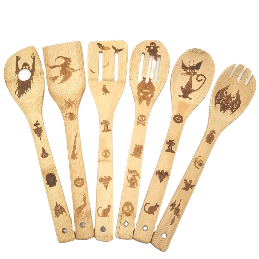 

Customized Halloween Christmas Laser Burned and Carved Bamboo Spoons Cooking Spatula Serving Utensils Set, Natural