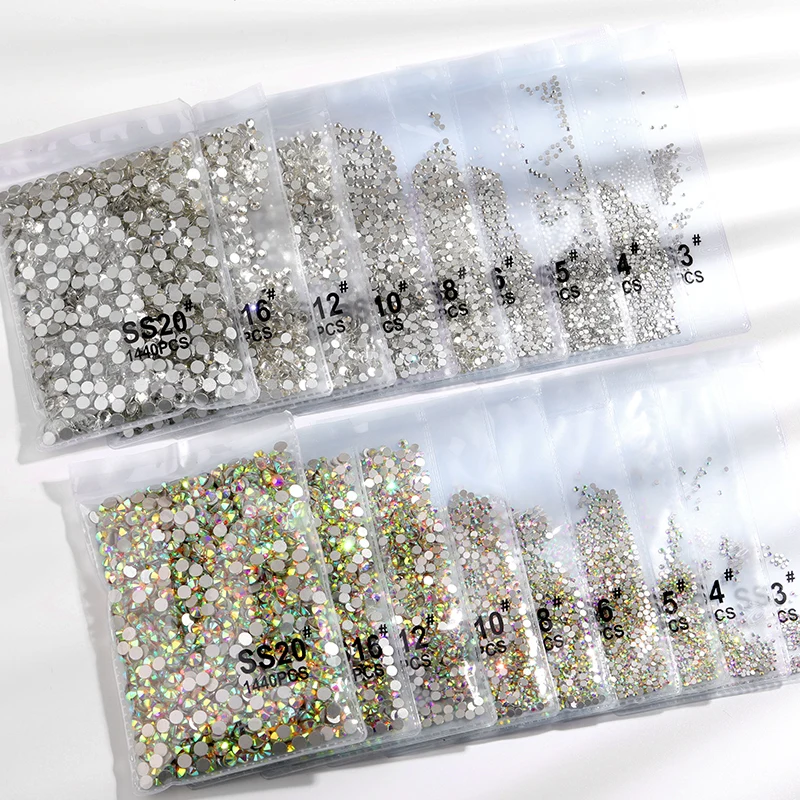 

wholesale Rhinestone for nail art crystal AB clear SS3-SS20 size 1.2mm-5mm flatback Rhinestones 3D nail gems art decoration, 2 colors