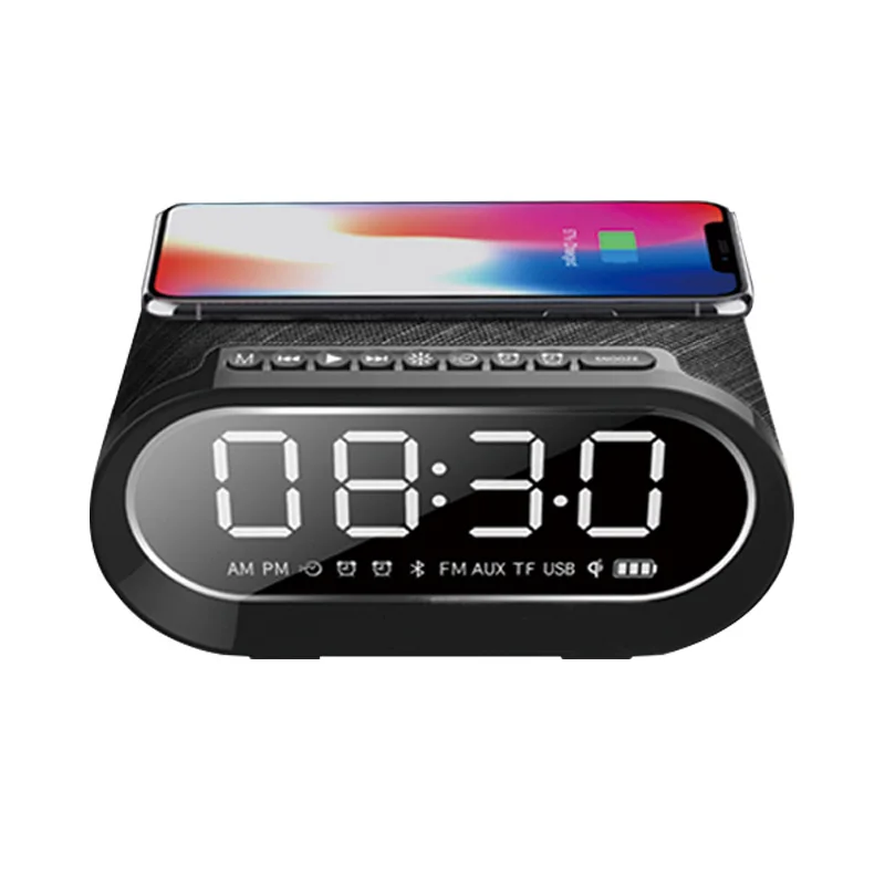 

New design mini portable wireless charger smart LED alarm clock Blue Tooth speaker