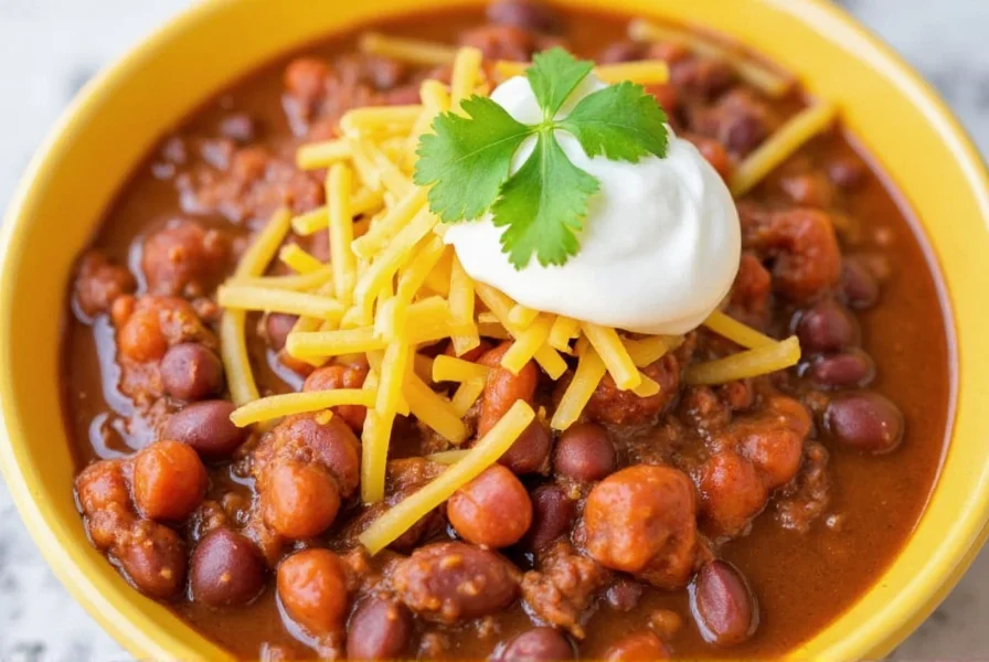 Serving bowl of crockpot chili without beans topped with shredded cheese, sour cream, and fresh cilantro