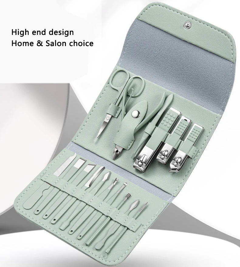 

16 Pieces Professional Grooming Stainless Steel Manicure Kit Manicure Set Nail Clippers Pedicure Kit, Brown green