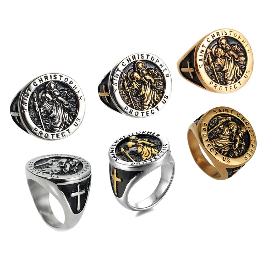 

Retro Vintage The Archangel Mens Ring Stainless Steel Saint Christopher Protect Us Cross Religious Catholic Round Signet Ring