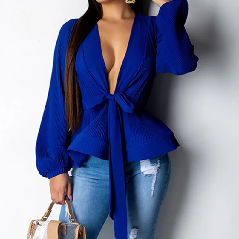 

2021 Summer New Sexy Deep V Neck Chiffon Bowtie Women Casual Blouse