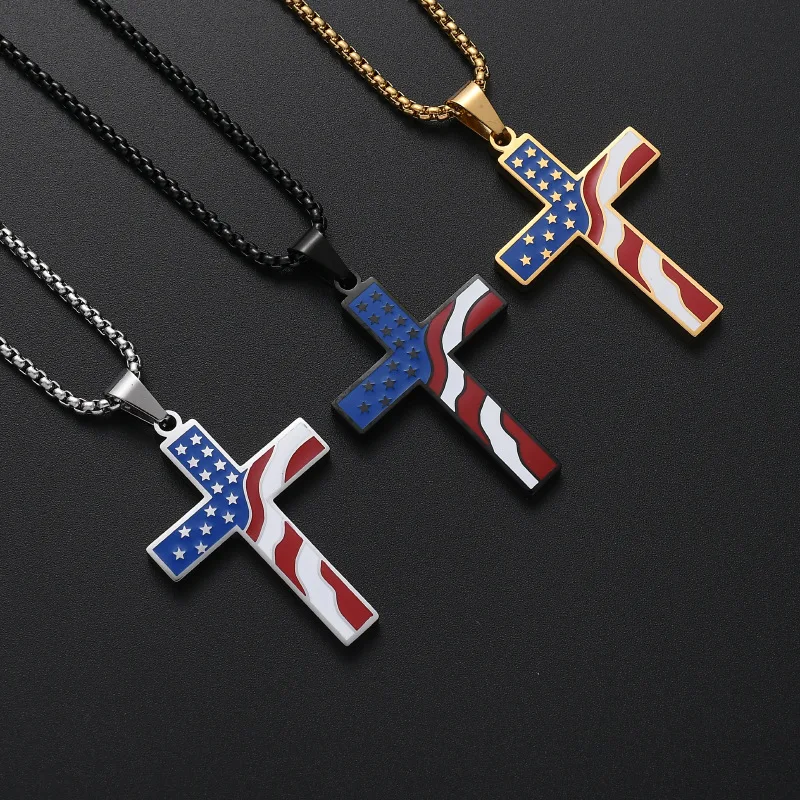 

Stainless steel American flag necklace pendant men personality cross titanium steel pendant necklace (KSS317), Same as the picture