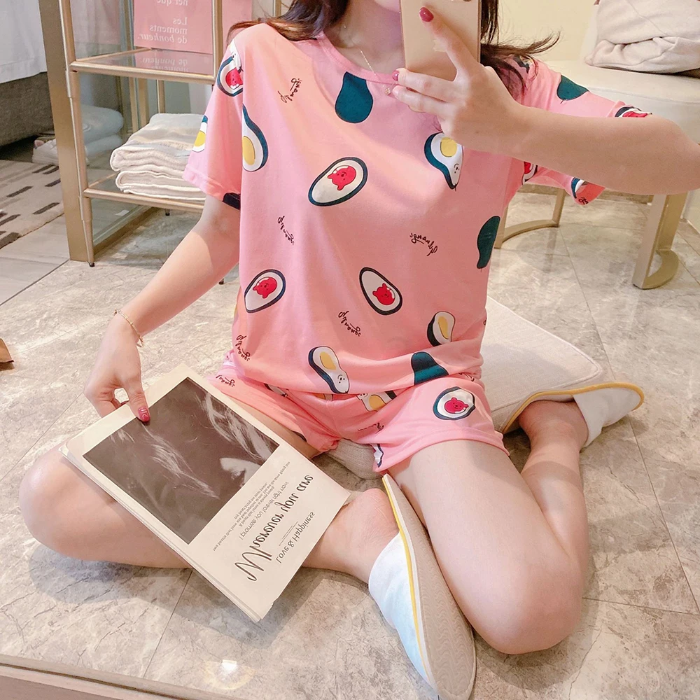

Pink Avocado Round Neck Nightgowns 2021 Short Womens Pajama Pant Sets 2 Piece