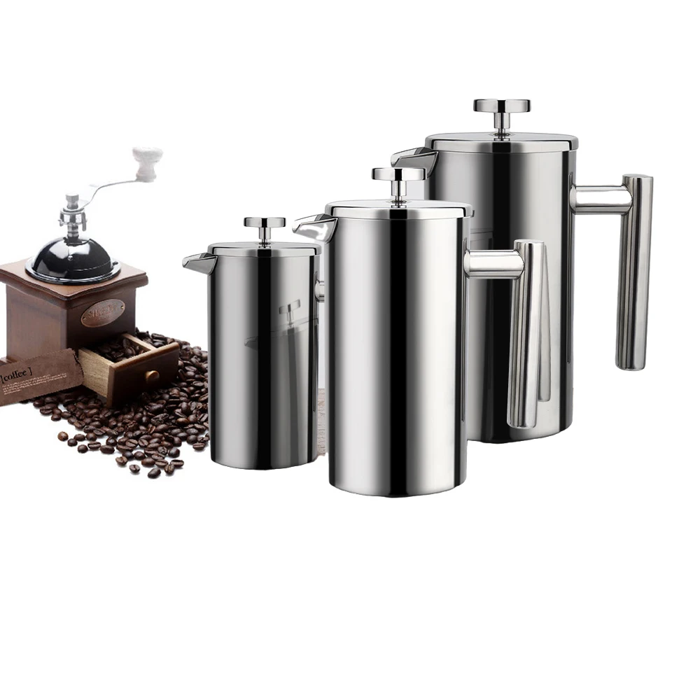 

French Coffee Maker Stainless Steel Coffee Percolator Pot Double Wall Large Capacity Manual Cafetiere Coffee Containers, Silver