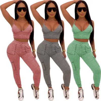 

B31373A 2019 Women deep v neck casual wear2 pcs pants set, As picture