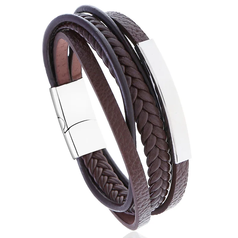 

Hot Selling Custom Wrap Cuff Braided Stainless Steel Genuine Leather Bracelet With Magnetic Clasp