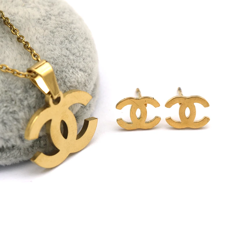 

Cute Jewelry Set Stainless Steel Doubble C Pendant Necklace Earrings Set