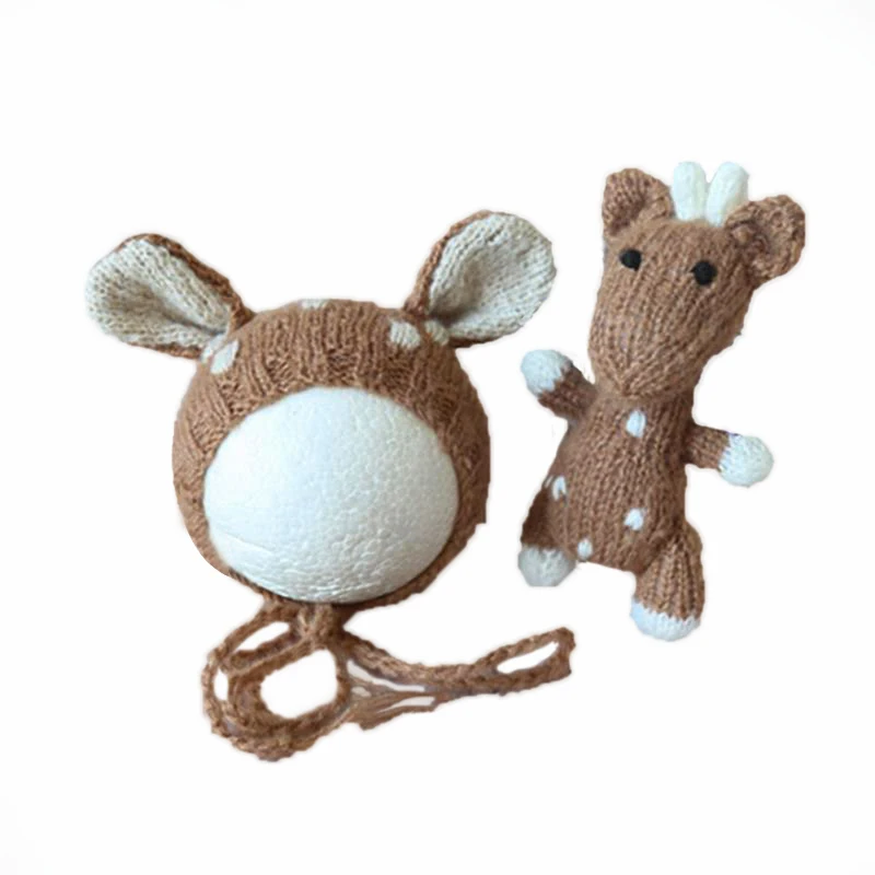 

Newborn Crochet Reindeer Hat and Stuffer Toy Set Newborn Photography Props Knit Baby Boy Hat Coffee Mohair Deer Toy Photo Prop