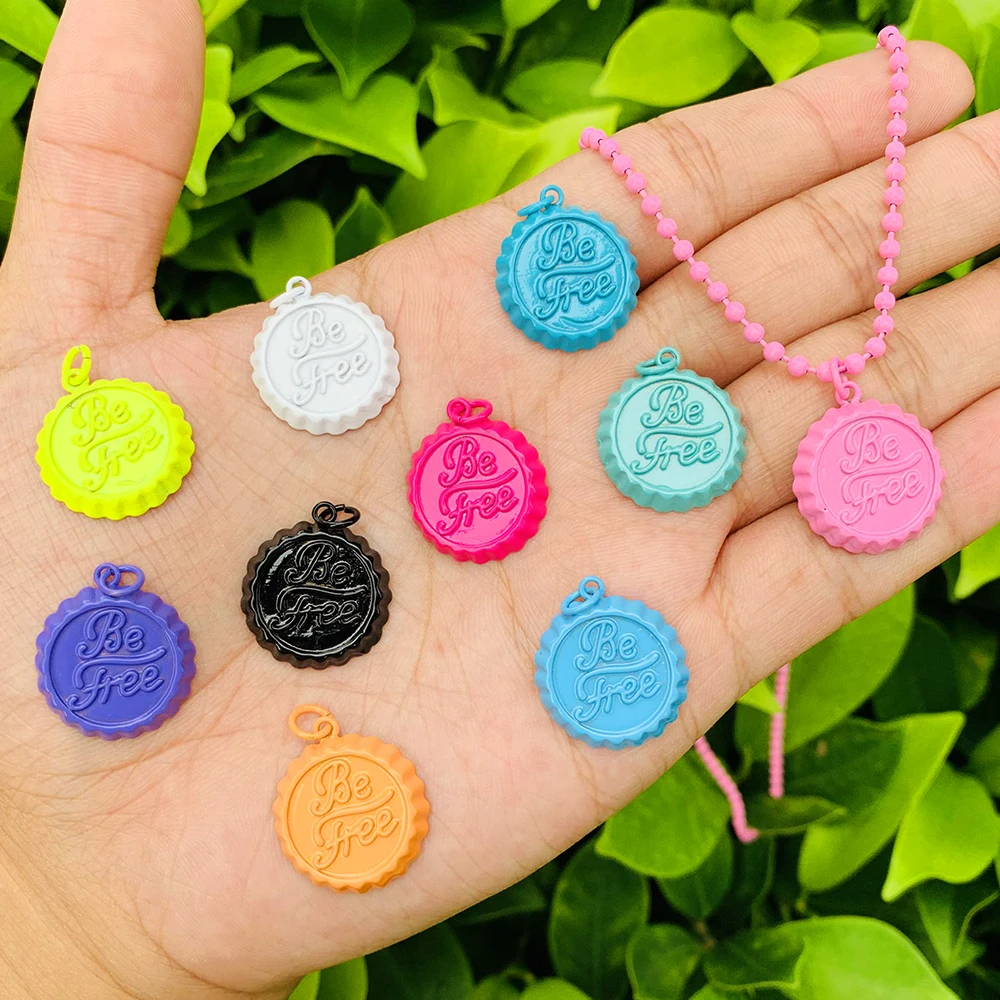 

Bottle Lid Shape Neon Color Enamel Pendant Rainbow Round Bead Chain Necklace Funky Necklace Jewelry