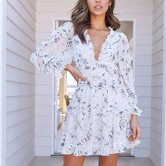 

Ladies new frilled v-neck printed florals lantern sleeve dress