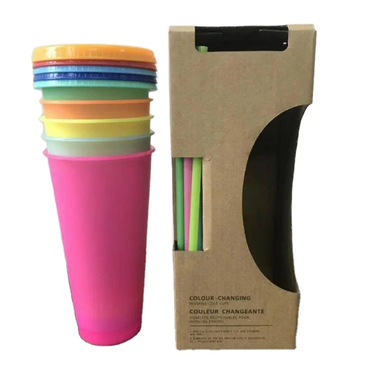 

2020 plastic changing color cup with lid and straw Reusable temperature change color plastic tumbler Magic Mug