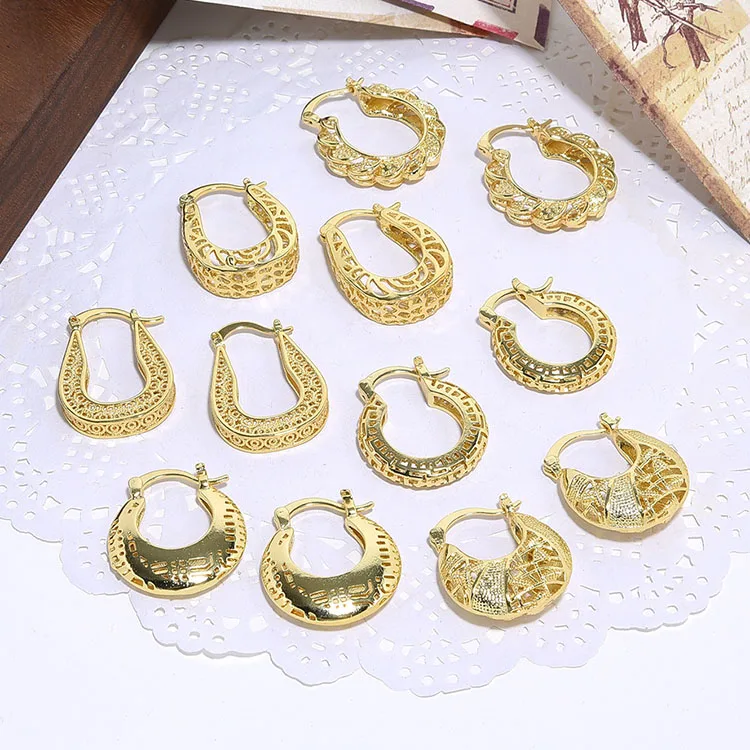 EM1351 Vintage Large Bohemian Bold 18k Gold  Plated Hollow Filigree Hoop Earrings Gold Statement Hoops for Women