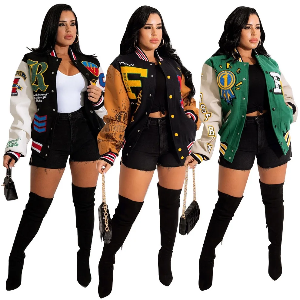 

High Quality Trendy Winter Jacket Woman Blue Coat Cropped Baseball Crop Varsity Jacket Women, Picture