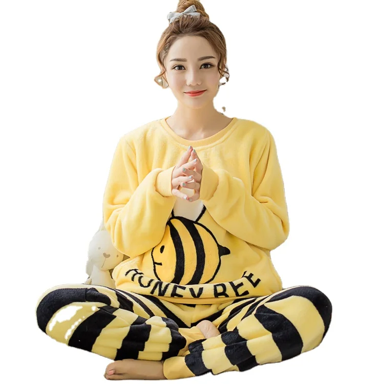 

wholesale New flannel pajamas warm winter women long sleeve bee sleepwear home wear two sets, 21 colors available