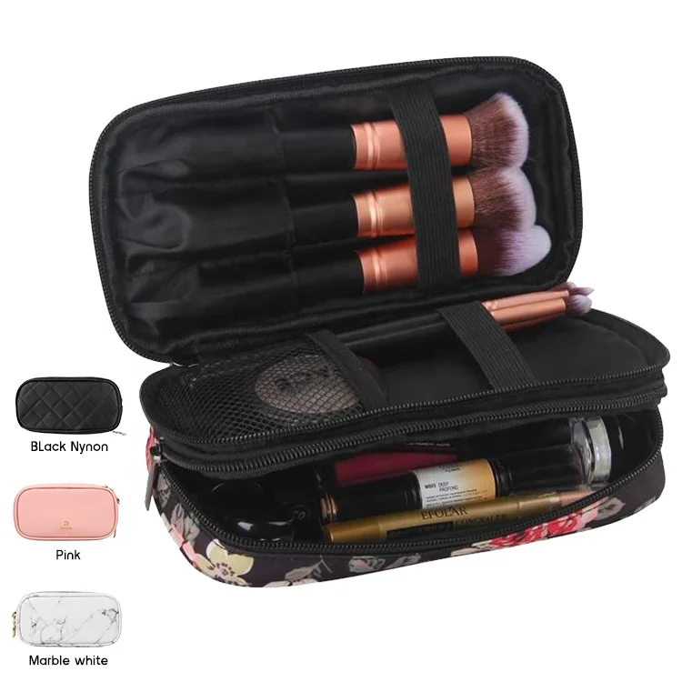 

Relavel Small Flowery Private Label Portable Compact 2 Layers Nylon Travel Makeup Cosmetic Pouch Bag for Girls, Black