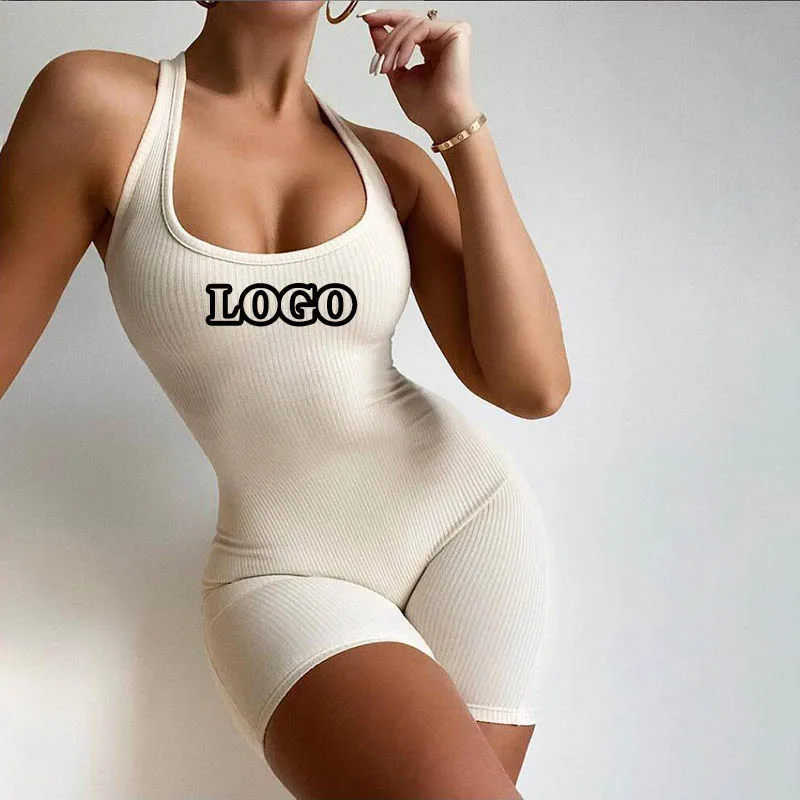 

custom logo knitted Women's one piece bodysuit high strech ladies playsuits brown romper summer one piece bodycon short jumpsuit