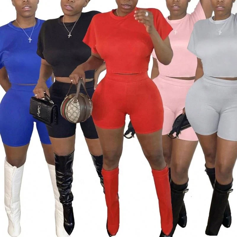 

BYWW 2021summer BYWWomen's clothing Short Sleeve Casual Two Piece Solid color shorts jogging suit for women outdoors, 5 colors or customized