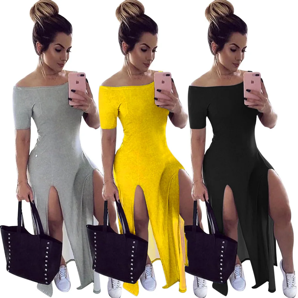 

Summer Fashion Women Casual Bodycon Clothing Off Shoulder Short Sleeve Irregular Dress, As picture