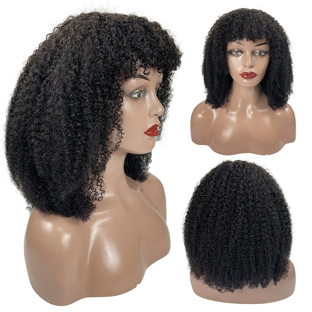 180% Density Natural Afro Curl Virgin Unprocessed Brazilian Hair Wig for Black Women Fast Shipping with Fringe