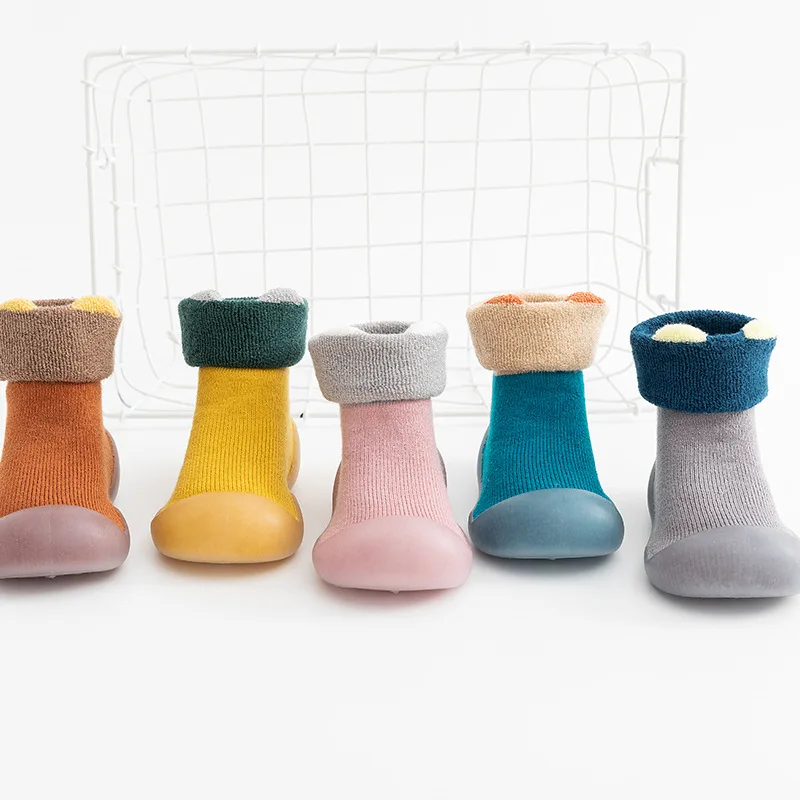 

Winter floor thick solid color warm baby antiskid walk rubber sole shoes socks, As picture