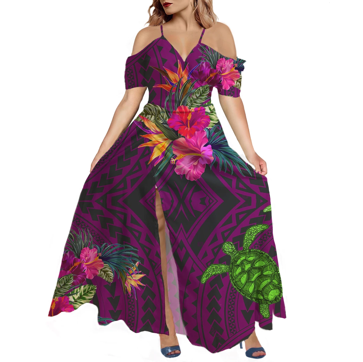 

Fahion polynesian Tribal Floral Style Printed Design Plus Size Dresses 2021 Summer maxi Dress